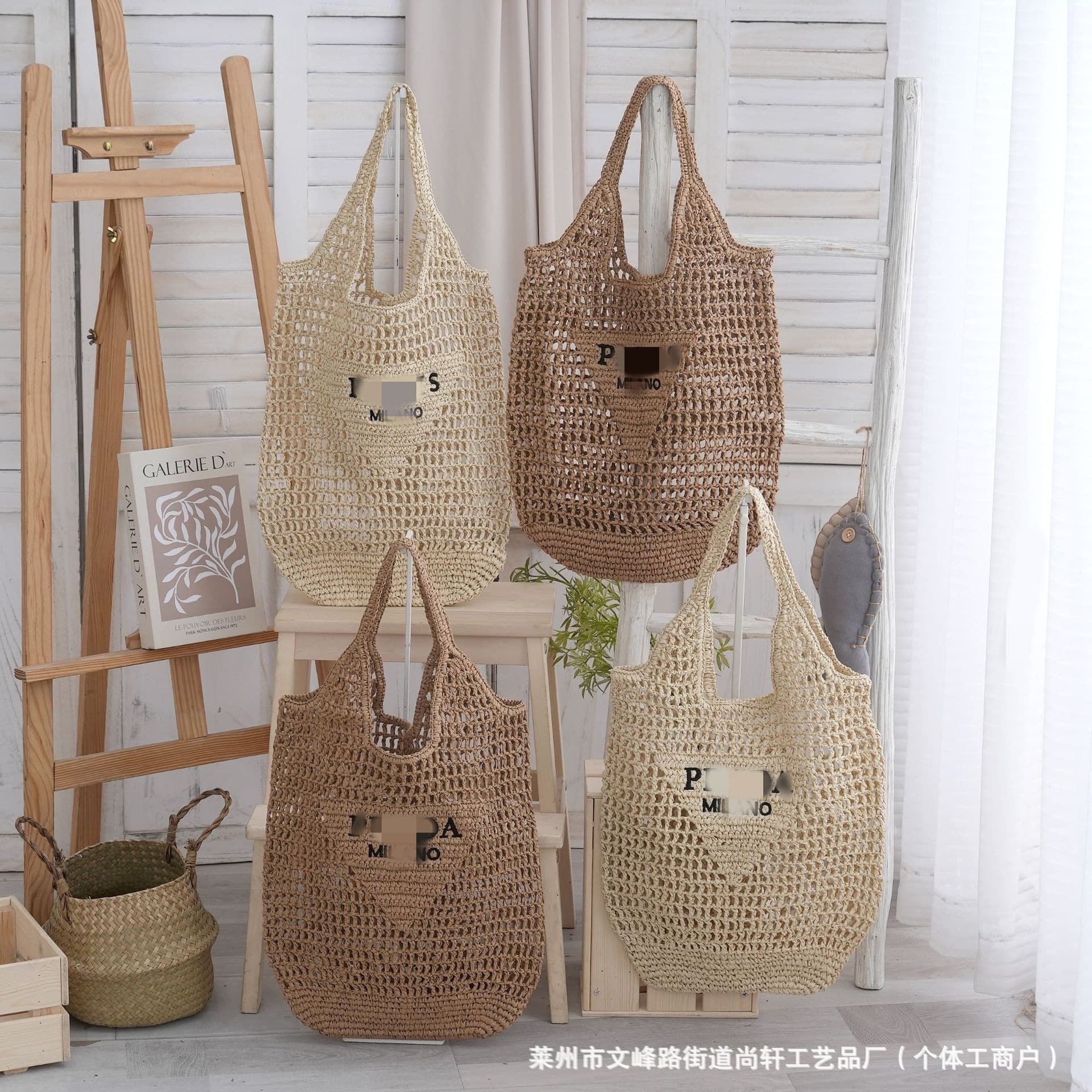 P's woven bag for women 2025 new summer seaside vacation fashion retro influencer hollow straw tote bag.