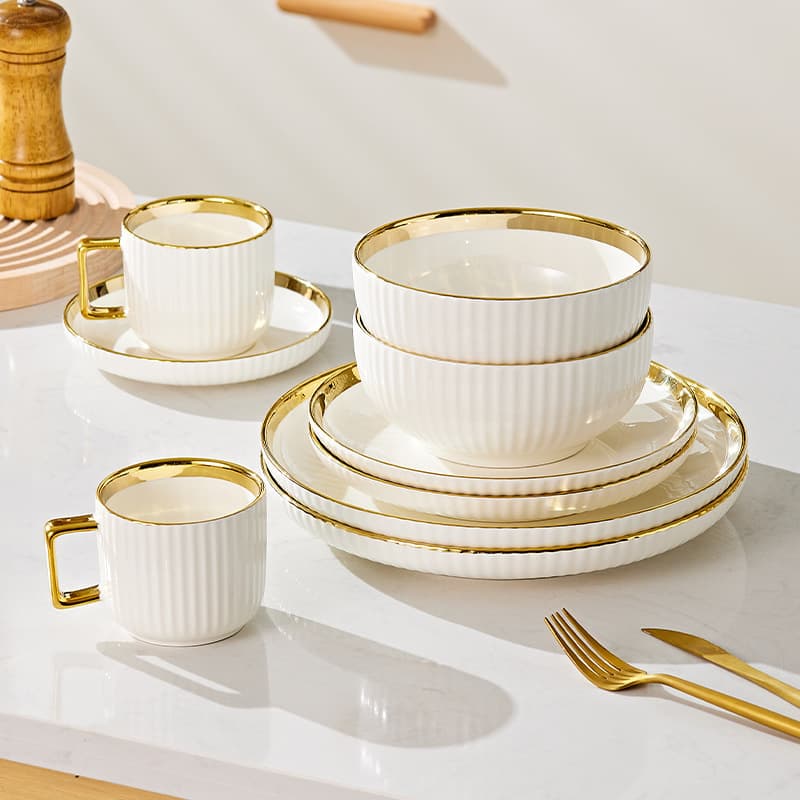 Cross-border export foreign trade 16PCS high-end Nordic light luxury electroplated gold ceramic tableware set plates, bowls, cups and saucers