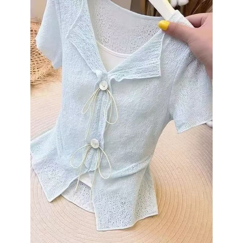 Soft Lapel Hollow Ice Silk Knitted Short Sleeve Women's Tie Waist Crop Top Slimming Collar Blouse Sleeveless