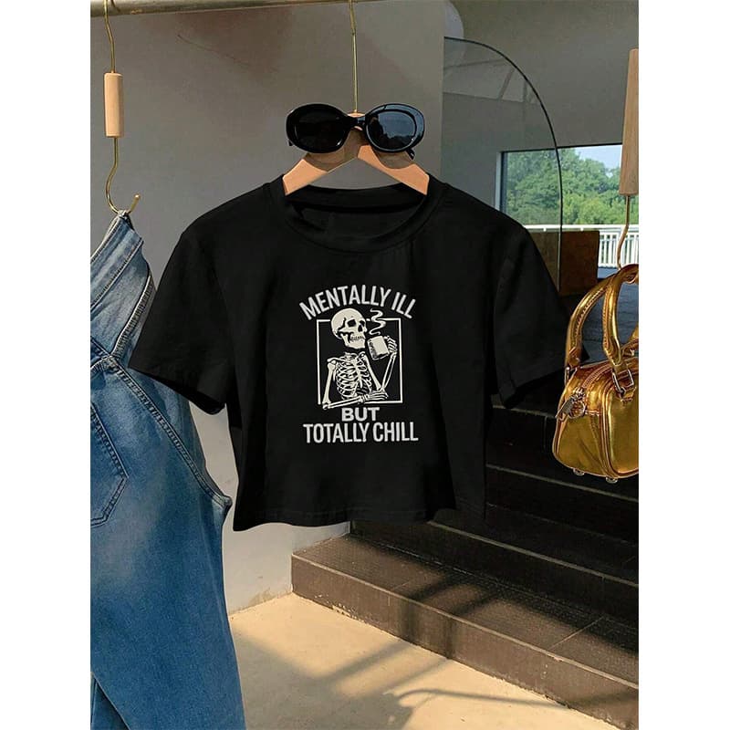 Summer Cross-Border American Retro Gothic Skull Letter Print Slim Fit Sexy Crop Top T-Shirt