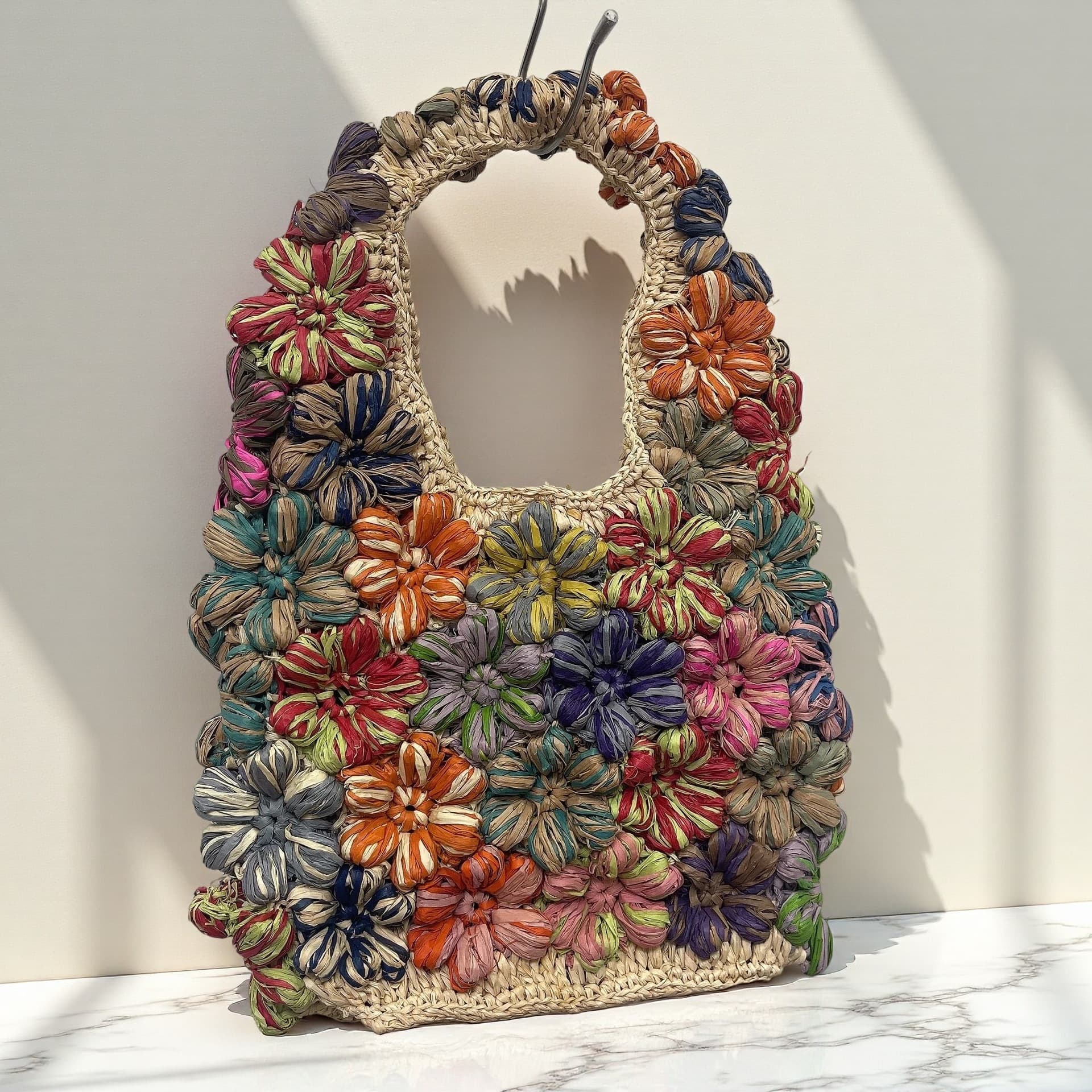 High-Quality Raffia Tote Bag Color-Block Flower Underarm Bag Cross-Border Niche Hand-Woven Straw Clutch for Women