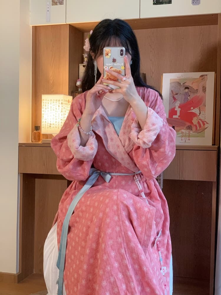 Original Hanfu Pink Little Peach Blossom Tang Round Neck Robe Double-sided Spring and Summer Daily Suit 2026 New Style
