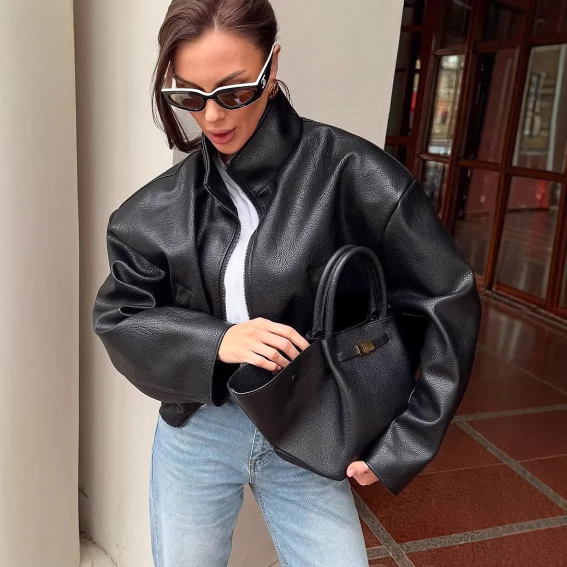 2026 New Black PU Leather Jacket Women's Autumn Winter High-End Design Trendy Faux Leather Coat