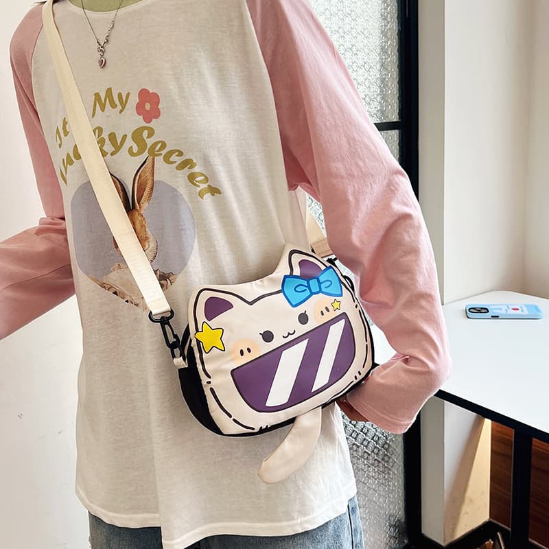 Casual Nylon Crossbody Bag New Small Square Bag 2024 Cute Cat Round Bag Girls Outing Shoulder Bag
