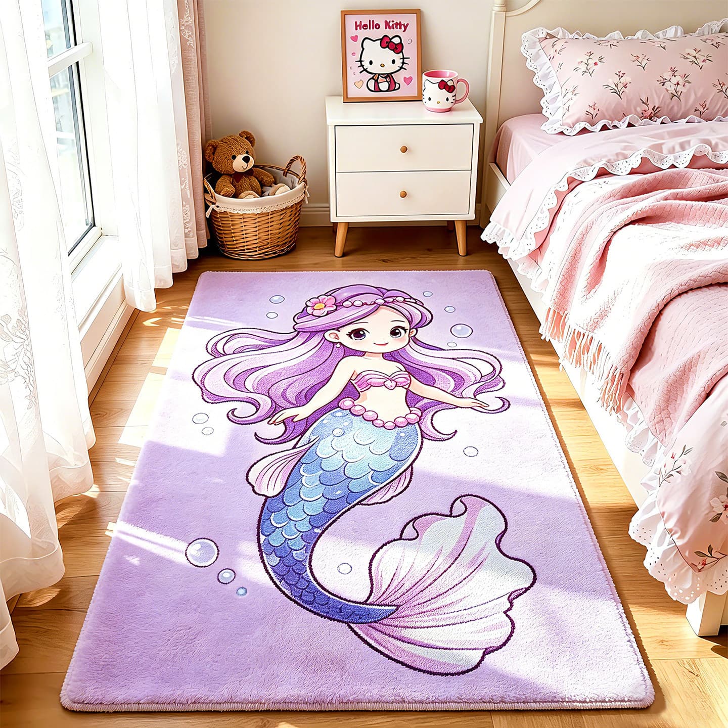 New Cartoon Mermaid Carpet for Bedroom, Faux Wool, Bedside Rug, Children's Room Decorative Carpet, In Stock