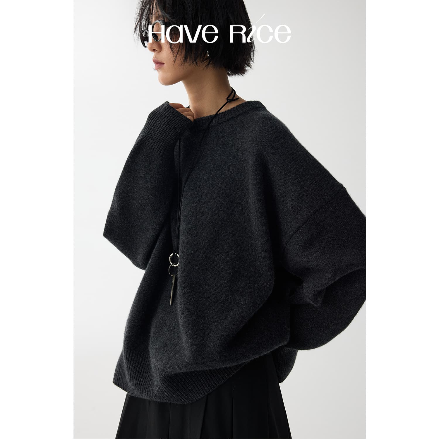 HAVERICE Restaurant Blue Hour Wool Korean Casual Loose Versatile Round Neck Sweater