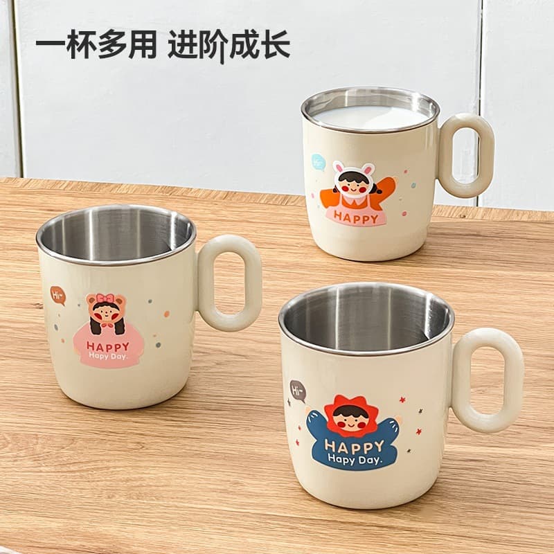 Household 304 stainless steel children's drinking cup with handle double-layer cartoon milk cup removable kindergarten cup
