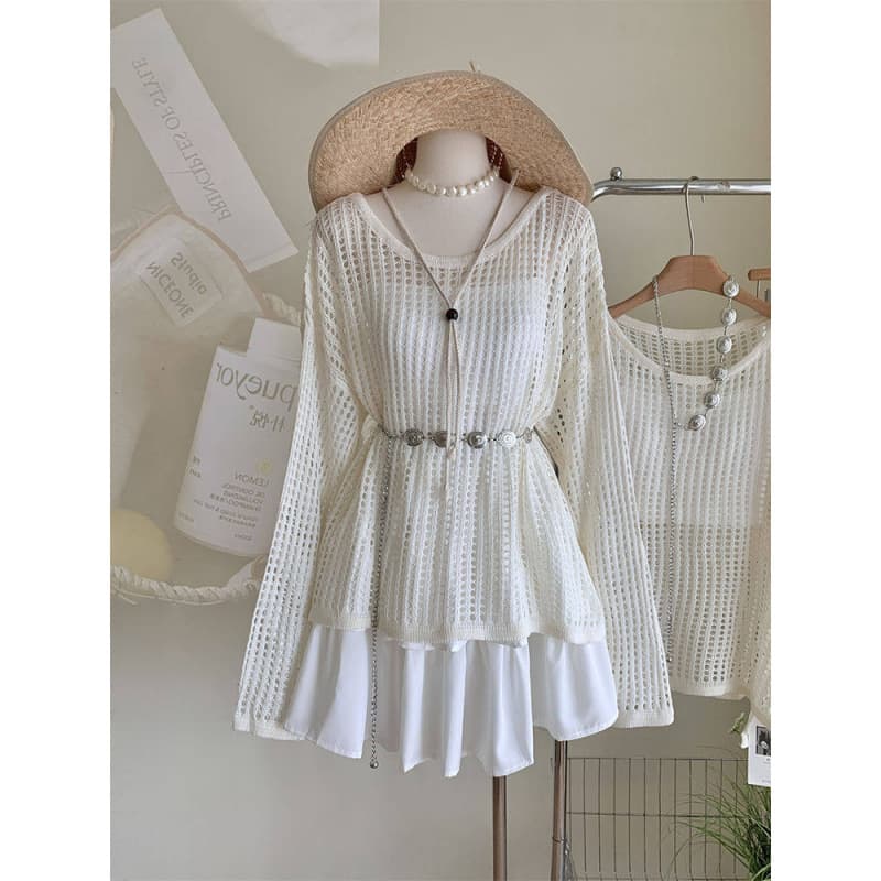 Gentle and pure style hollow long-sleeved sweater two-piece set for women summer loose outer sun protection blouse mid-length top