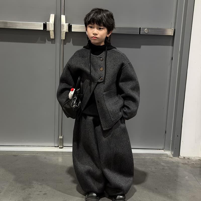 Custom New Year Outfit 2025 Winter Children's Double-Faced Cashmere Wool Coat Two-Piece Set Boys Girls High-End Kids Fashion