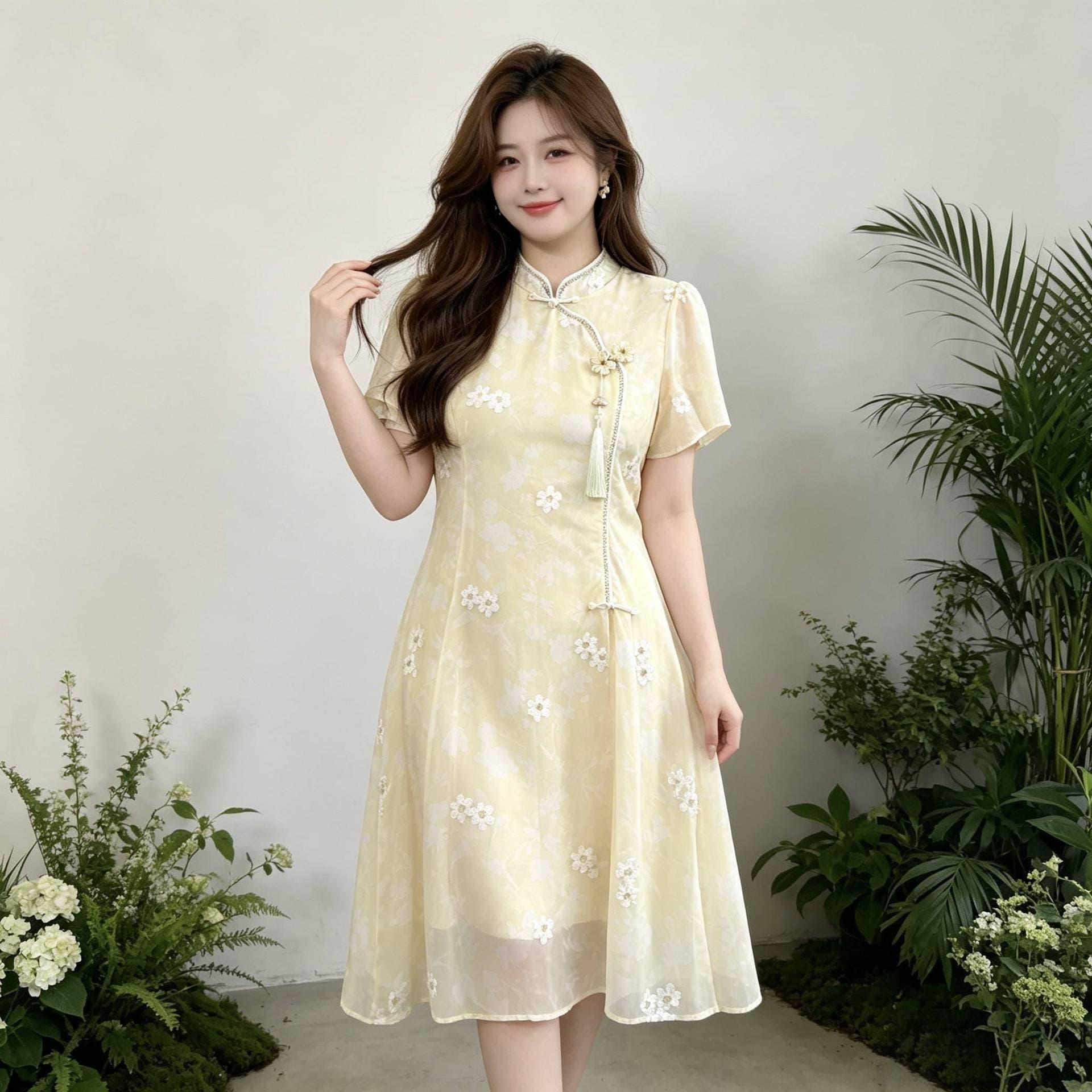 Large size new Chinese style summer dress, waist slimming and fat mm improved skirt 1505