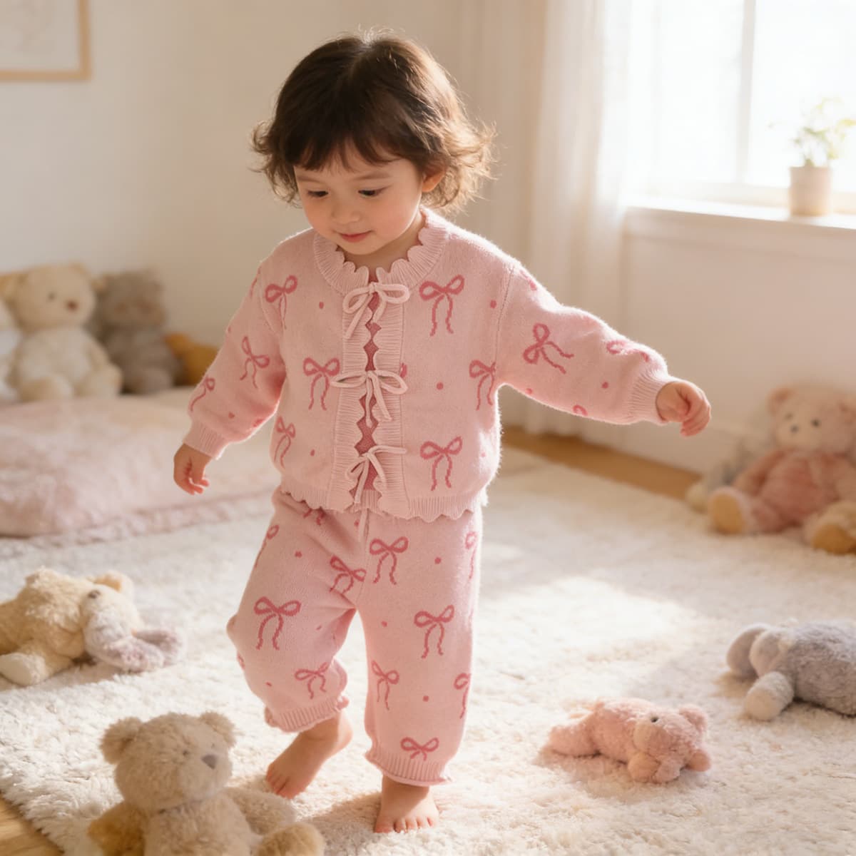 Baby Autumn Winter Sweater Set Girls Bow Jacquard Knit Lace-Up Cardigan Outerwear + Pants Two-Piece Set