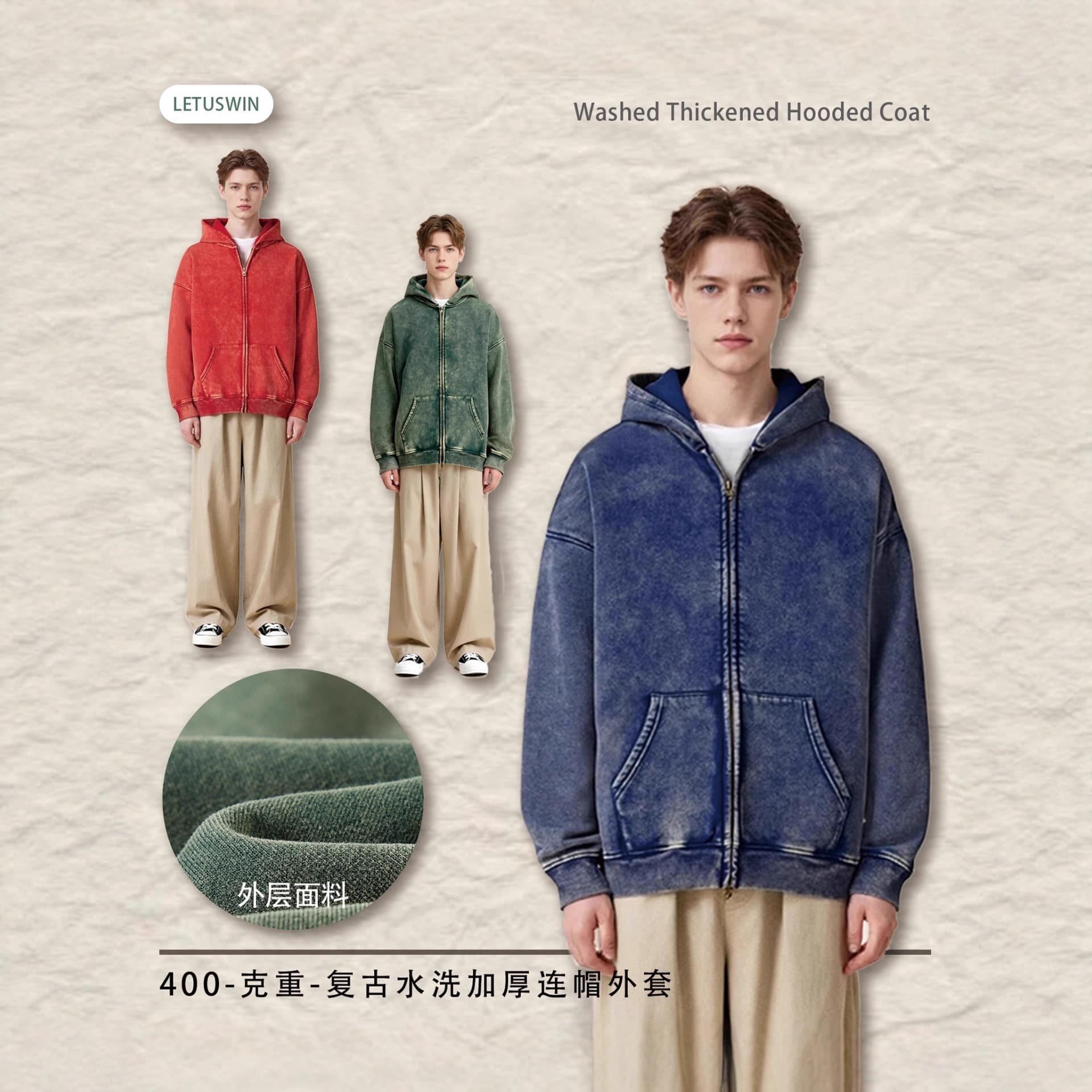 Letuswin Men's 2025 Autumn and Winter Hooded Cardigan Retro Fleece-Lined Double Zipper American Trendy Brand Washed Sweatshirt