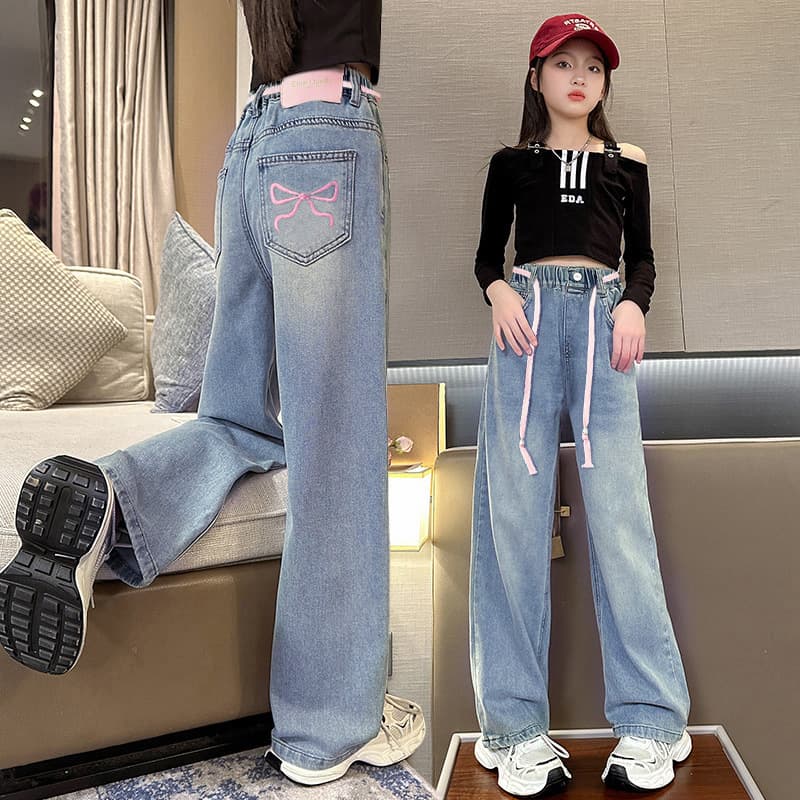 Girls' Denim Pants Spring/Autumn New Style Loose Straight Leg Long Pants for Older Girls Wide Leg Pants