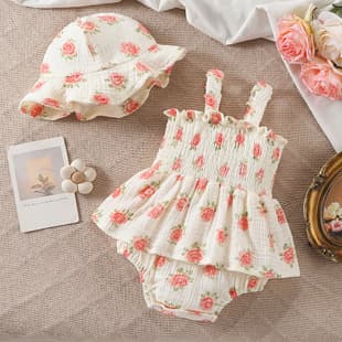 Summer Baby Girl Bow Suspender Bodysuit Stylish Small Floral Print Sleeveless Romper Infant Onesie Crawling Outfit