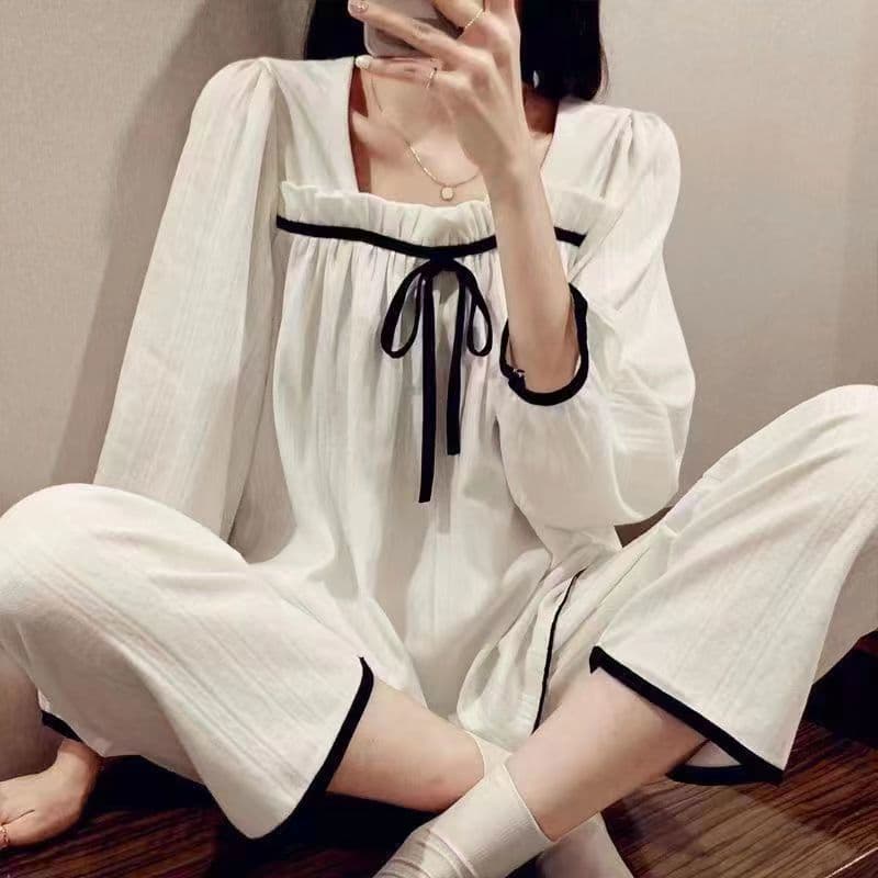 Women's Pajamas Spring and Autumn New Style Long-Sleeve Long-Pants Home Wear Set Loose Fit with Bow Tie French Simple and Comfortable