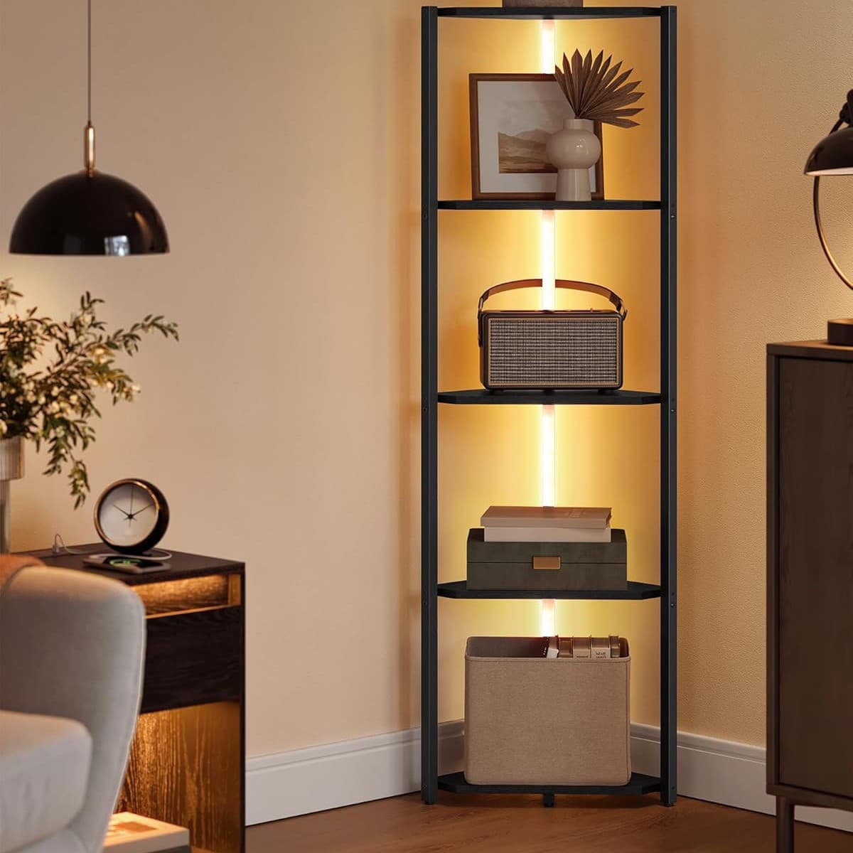 LED Smart Modern Floor Lamp with Stand and Music Sync Color-Changing Corner Display Shelf Light