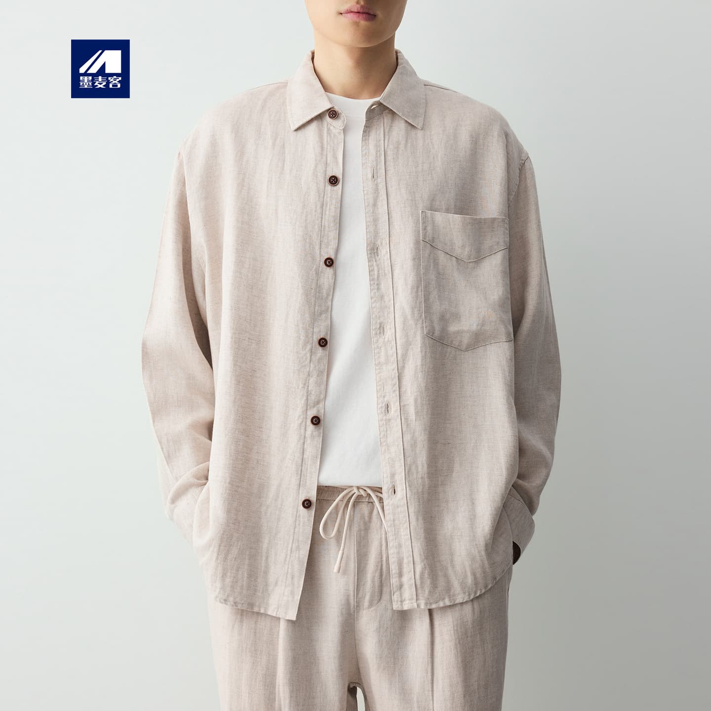 Momaik American-Style Casual Tencel Linen Blend Cool Men's Suit Long-Sleeve Shirt Casual Pants Set for Men