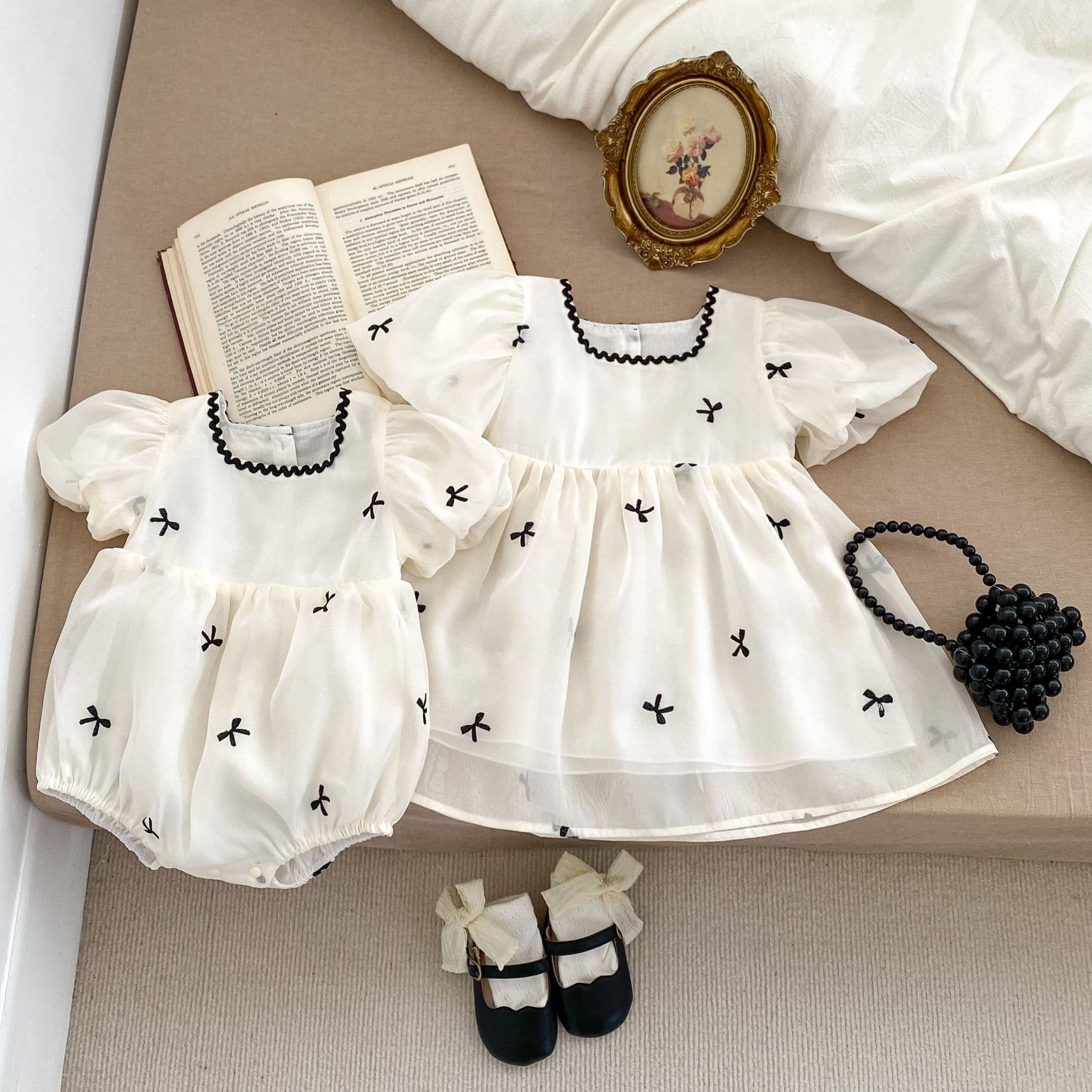 Influencer Baby Girls Sister Outfit Butterfly Bow Puff Sleeve Bodysuit Romper Toddler Tulle Skirt Summer Dress