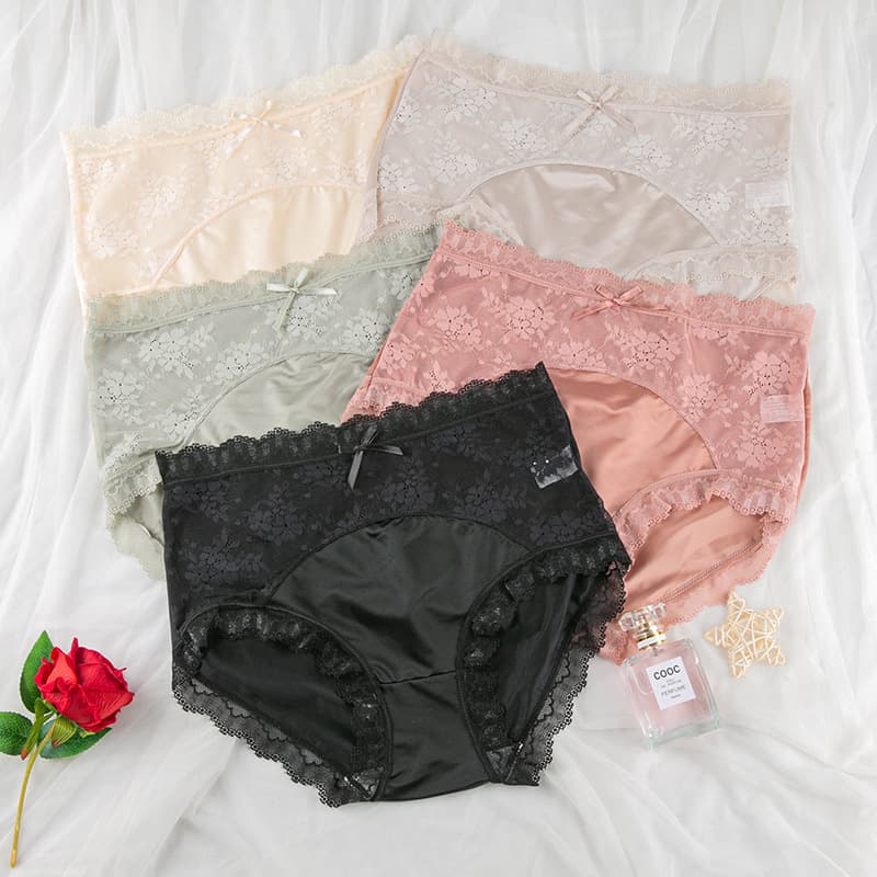 Satin Gloss Triangle Panties Women's Mid-Rise Cotton Crotch Sexy High Elastic Lace Trim Satin