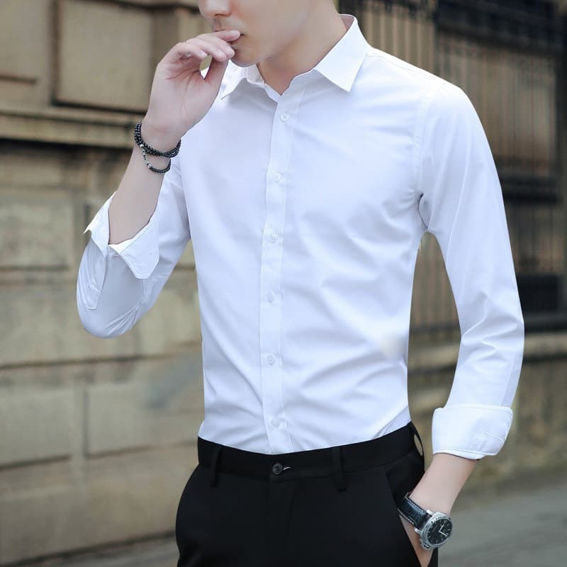 Men's Long Sleeve Slim Fit Shirt Formal Business Workwear White Professional Suit Shirt Machine Washable Polyester Fiber