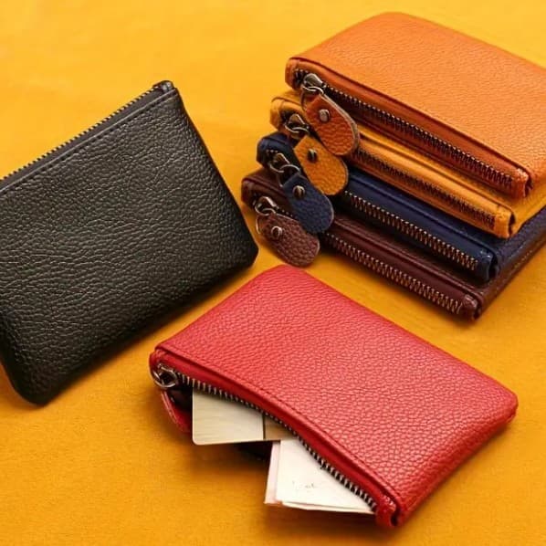 Lychee Pattern PU Mini Wallet for Women, Soft Leather Zip Coin Purse Card Holder, Unisex
