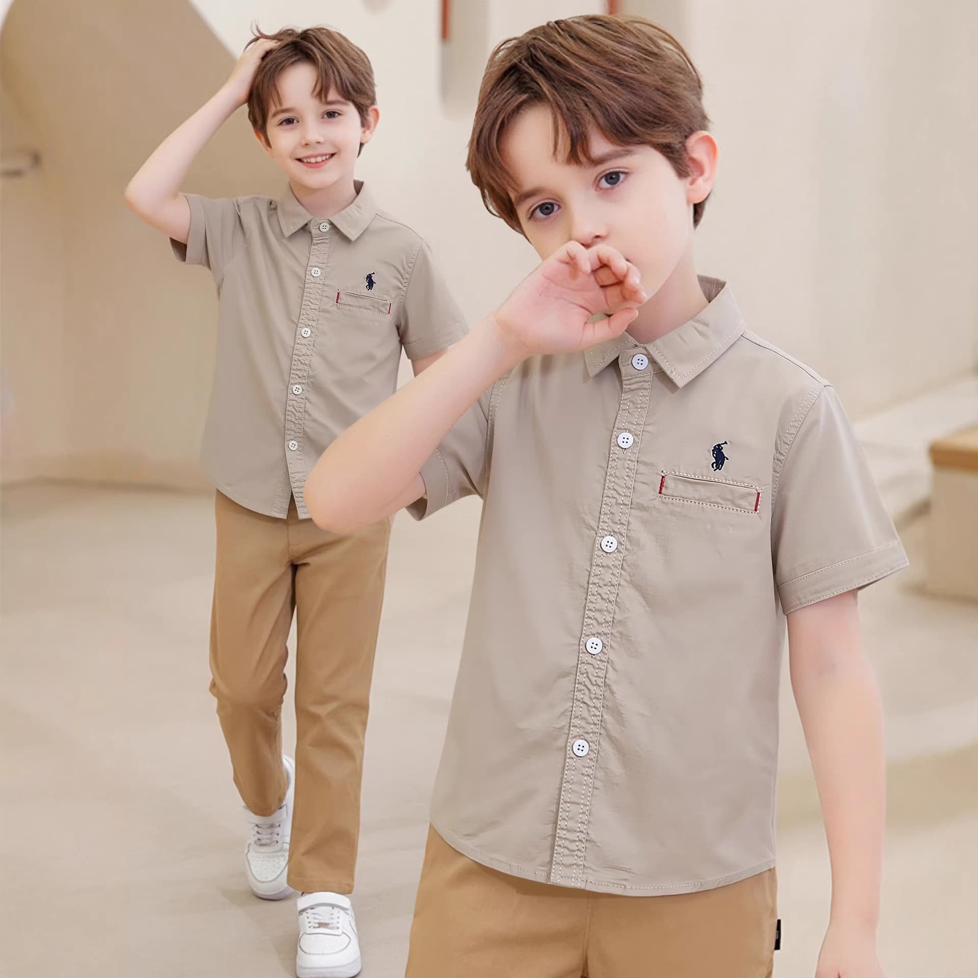 Boys' Shirt Spring/Summer 2024 Stock Solid Color Cotton Short Sleeve for Older Kids