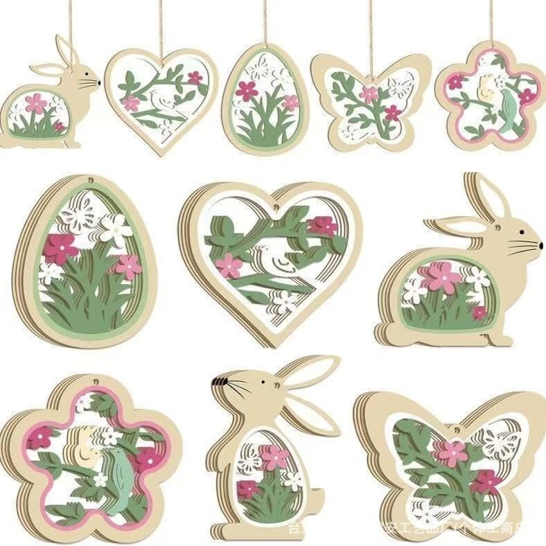 Easter Hanging Decoration Set Spring Decorative Pendant Wooden Easter Ornaments Rabbit Easter Wood