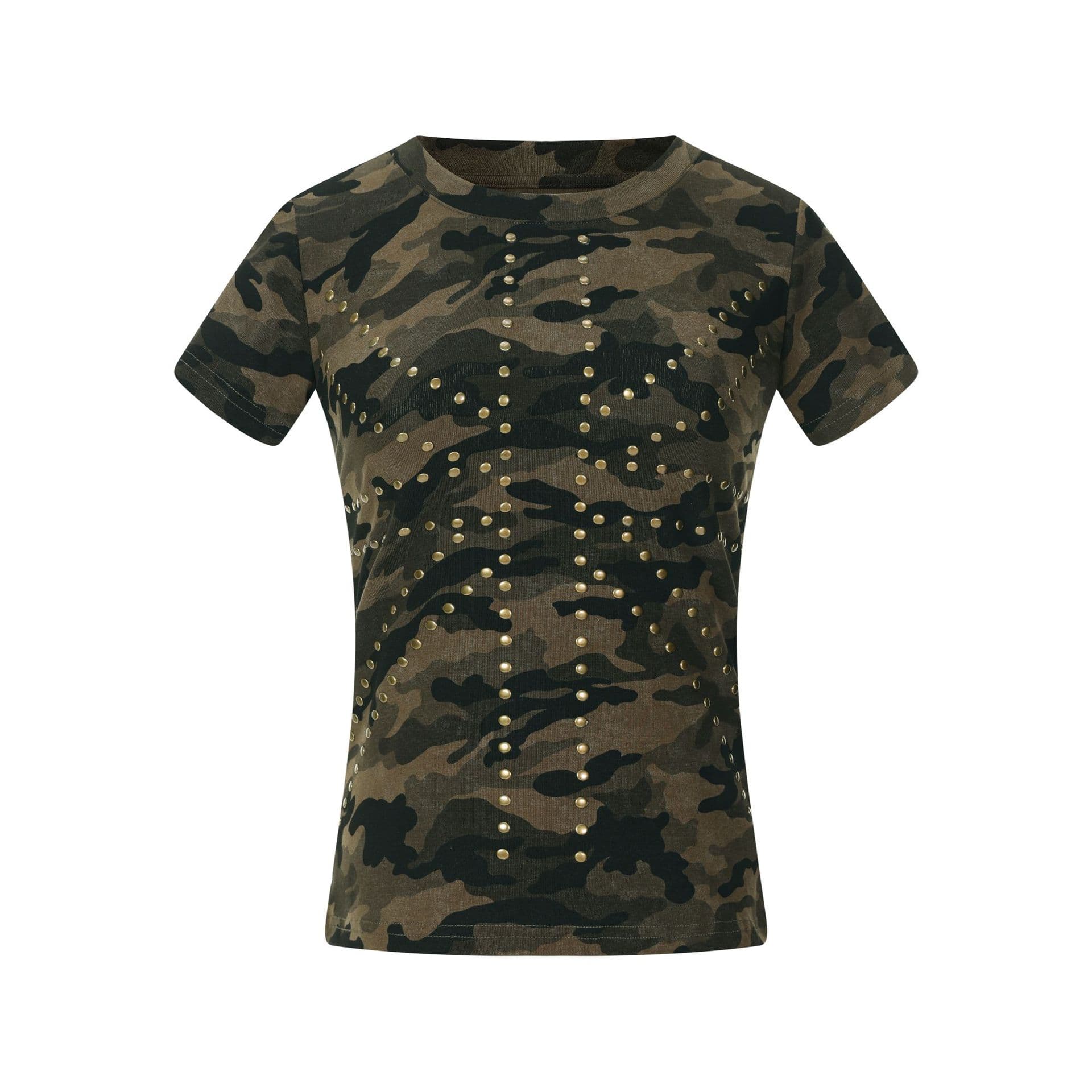 American-style hot girl camo rivet design short-sleeve T-shirt for women, slim fit flattering short top, factory wholesale