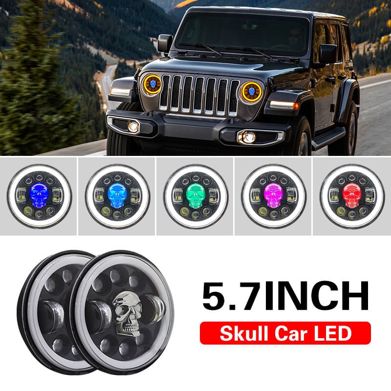 Wrangler Boss 5.75inch Harley LED Lights Daytime Running Lights Turn Signal High/Low Beam Headlight Spotlight Skull Design