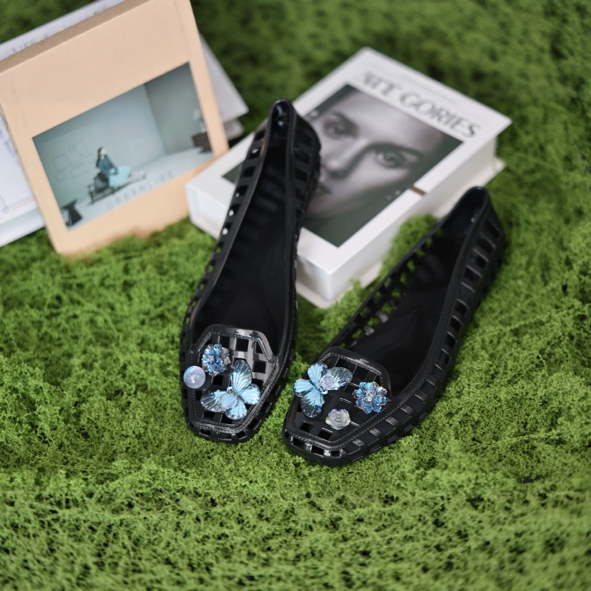Korean Jelly Shoes, Crystal Shoes, Flat Shallow Square-Toe Hollow Single Shoes, Lazy Transparent DIY Clog Shoes for Women Summer