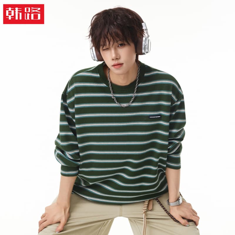 Hanlu | American Retro Contrast Color Striped Long Sleeve T-Shirt Unisex Autumn Streetwear Loose Versatile Casual Pullover Top