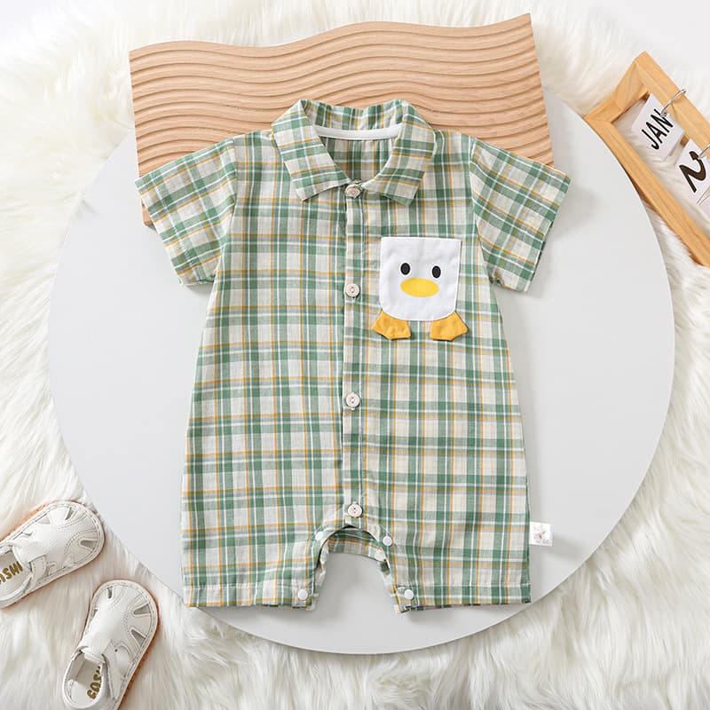 Summer new style infant and toddler lapel plaid short-sleeved jumpsuit for men and women baby cartoon patch short crawling for outdoor leisure