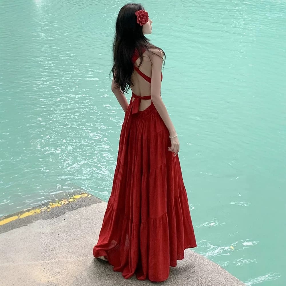 Beautiful travel photo dress, red backless maxi dress, island vacation, stunning gown, seaside beach dress, summer