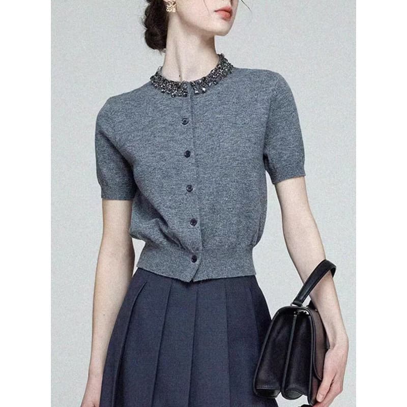 Mulberry Silk Knit Cardigan for Women 2025 Gray Knitted Short-Sleeve Women's Summer Heavy Industry Diamond T-Shirt
