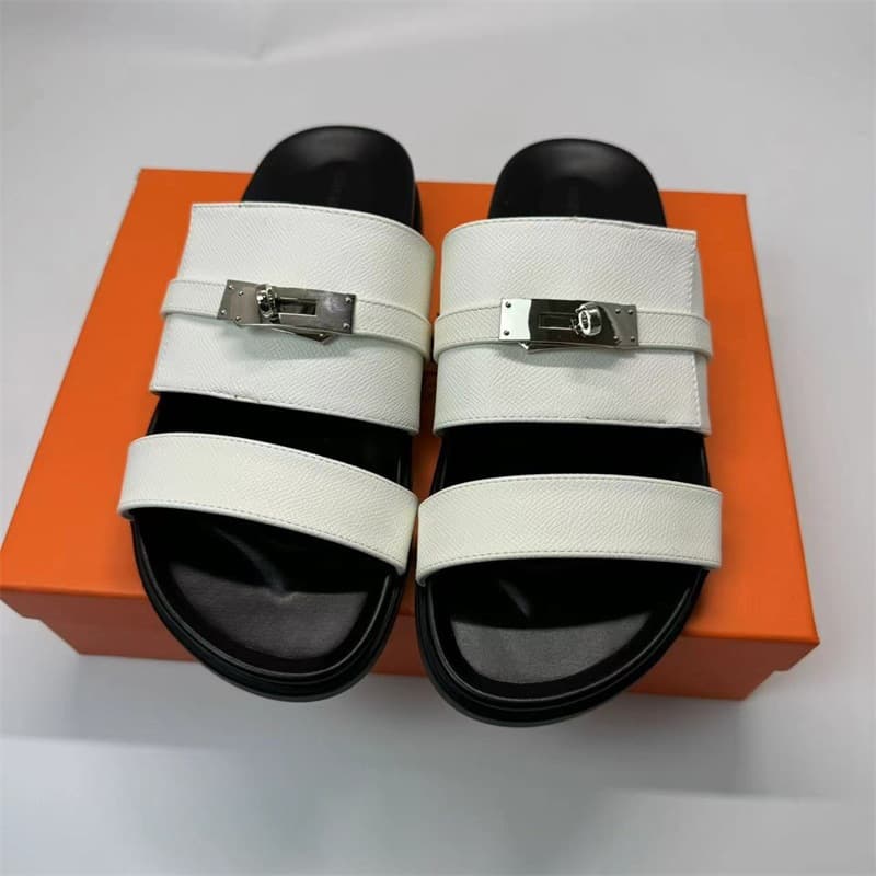 H Brand Men's Flip Flops 2026 Genuine Leather Metal Buckle Men's Slippers Cross-Border E-commerce Southeast Asia Flat Bottom Europe and America