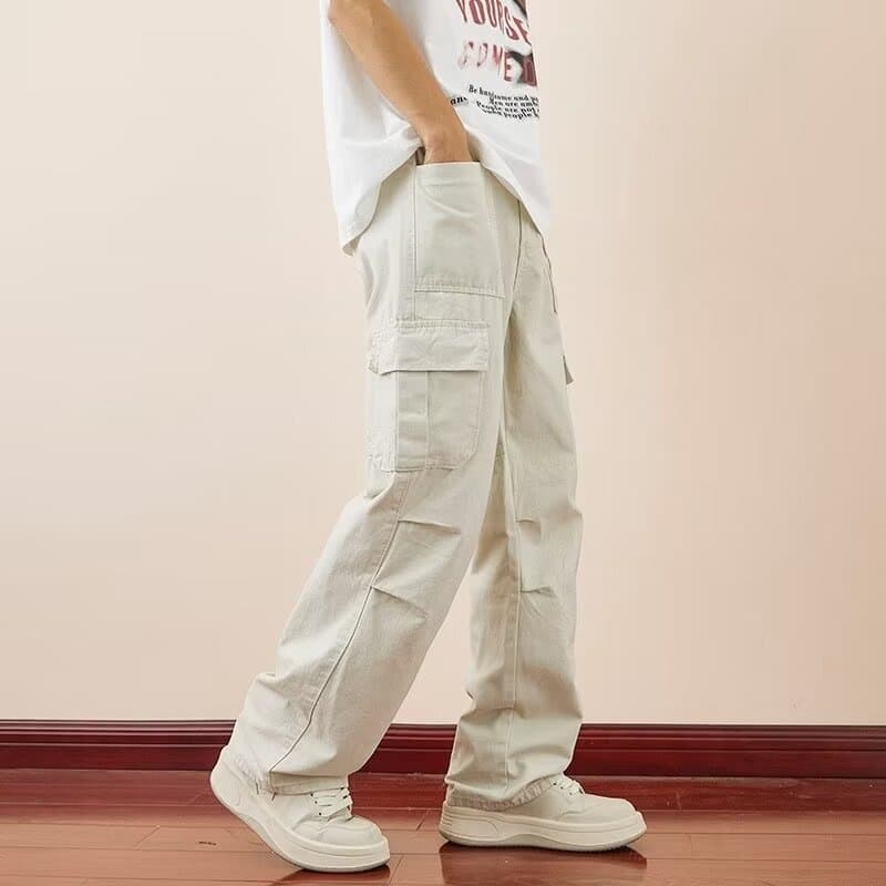 Off-White Premium Quick-Dry Cargo Pants for Men, Summer Thin Loose Draped Multi-Pocket Casual Long Pants