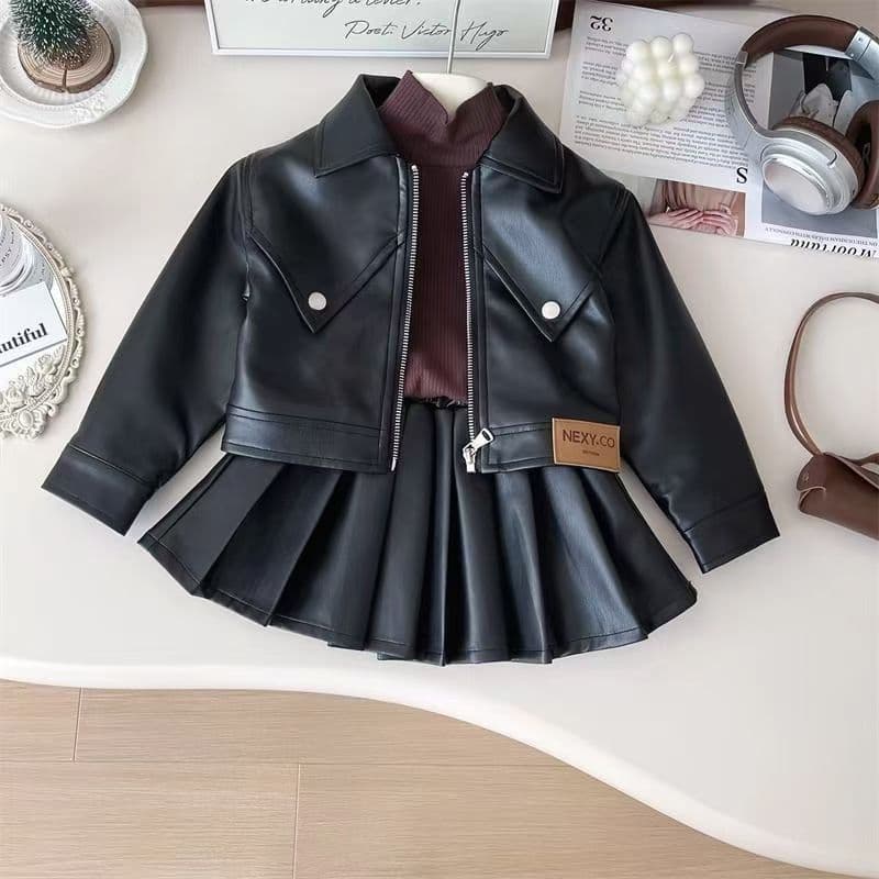 2026 Spring/Autumn Girls Leather Jacket Set Korean Fashion Motorcycle Jacket with Pleated Skirt Two-Piece Set