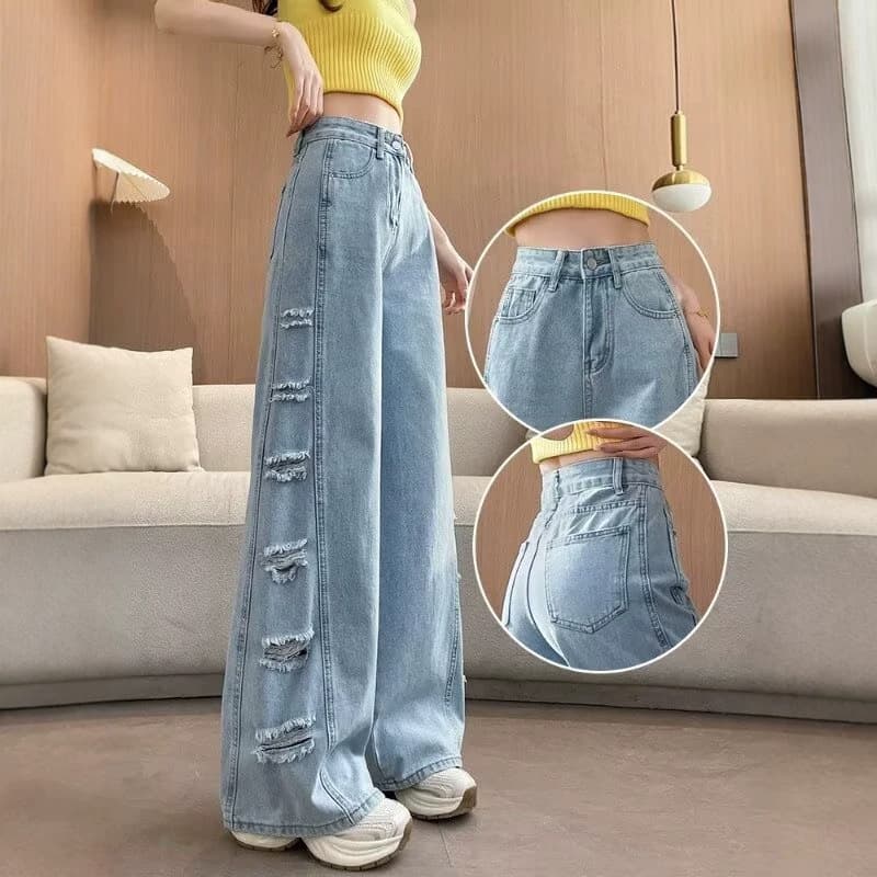 2026 light-colored summer wide-leg jeans for women, new side-split holes, high-waist design, straight-leg pants, floor-length pants