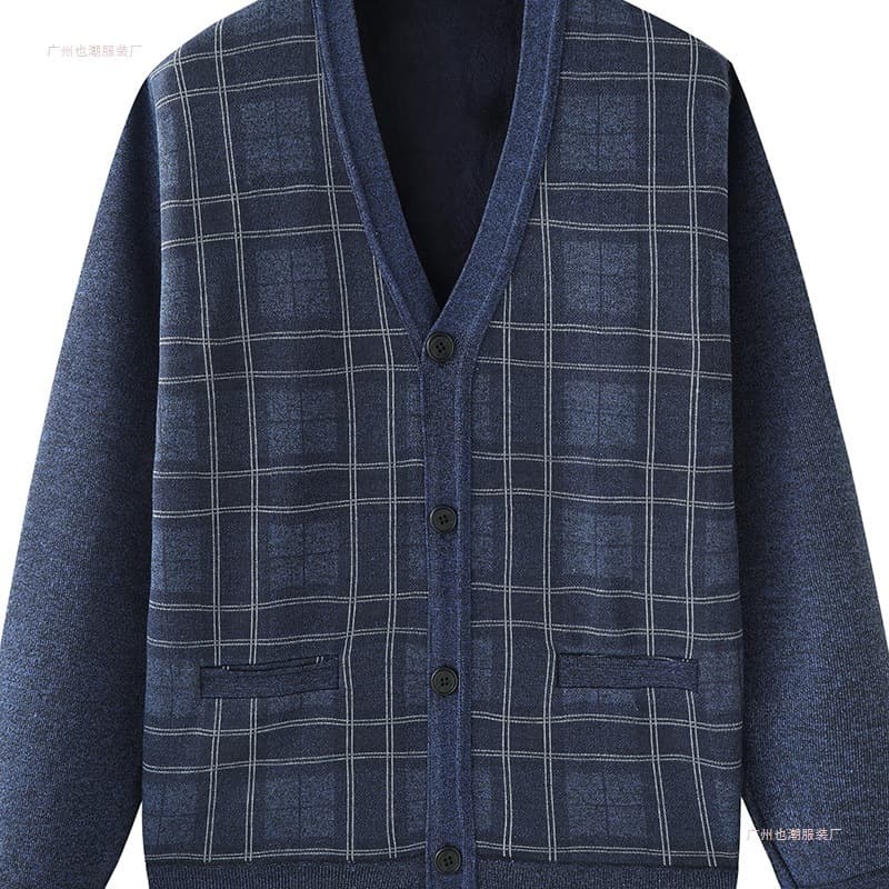 Winter clothing for middle-aged and elderly men, fleece-lined and thickened cardigan, winter warm V-neck sweater for dads, knitted coat for grandpas