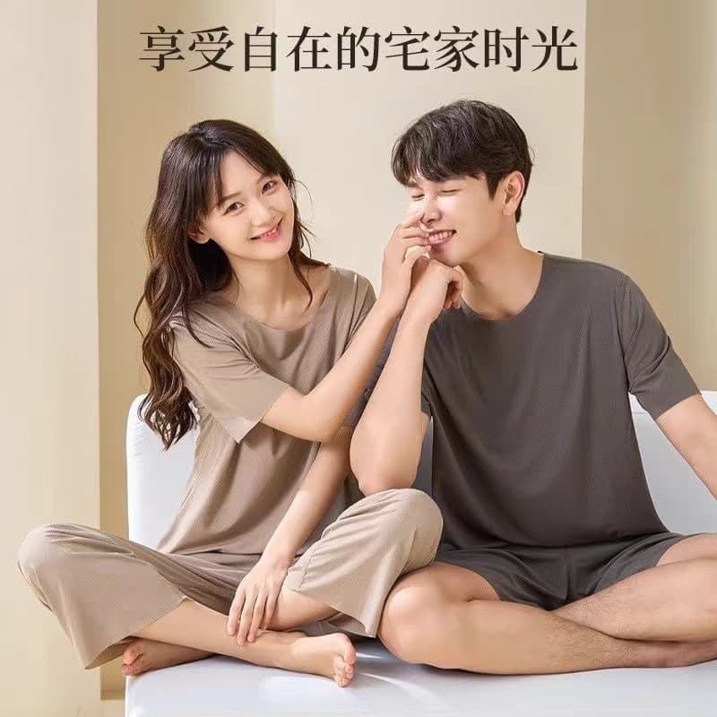 Summer Homewear Sleepwear Set Women's Ice Silk Men's Couple Thin Long Pants Wearable Outside