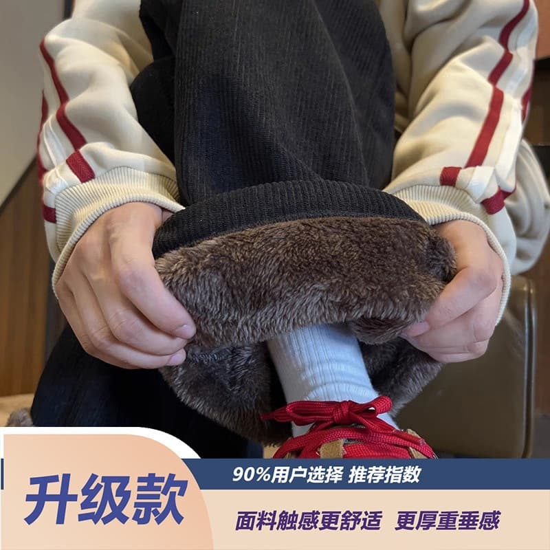 Corduroy super thick sherpa pants men's plus velvet thickened black warm winter teenagers one-piece velvet wide-leg pants