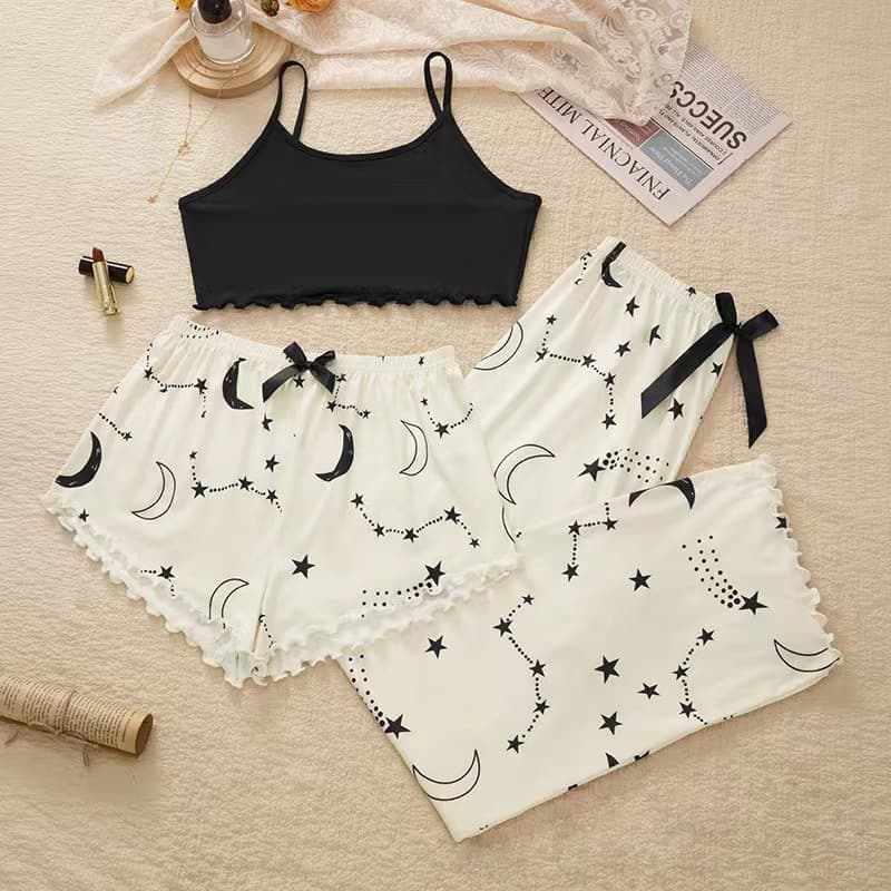 Grid PJS Pajama Three-Piece Set for Women Spring/Autumn New Hot Selling Wholesale European and American Homewear Half-Side Fleece Homewear