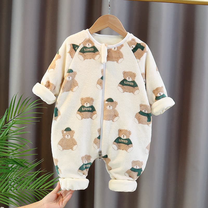 Baby winter flannel pajamas, infant and children's clothing, thickened sleeping bag for boys, double-layer coral fleece bodysuit for girls, trendy