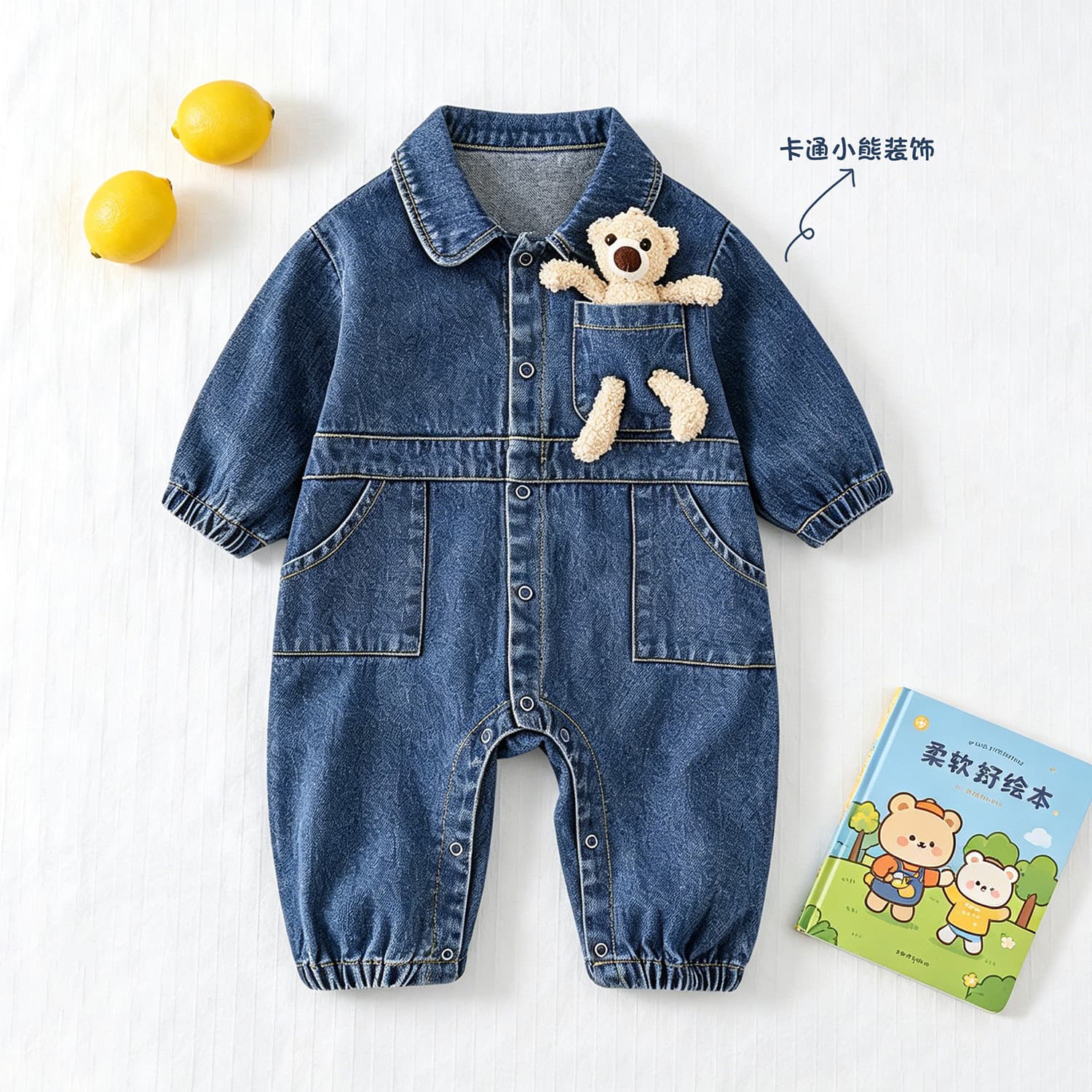 Baby clothes 2026 new denim jumpsuit male baby cartoon bear clothes spring and autumn outdoor climbing clothes