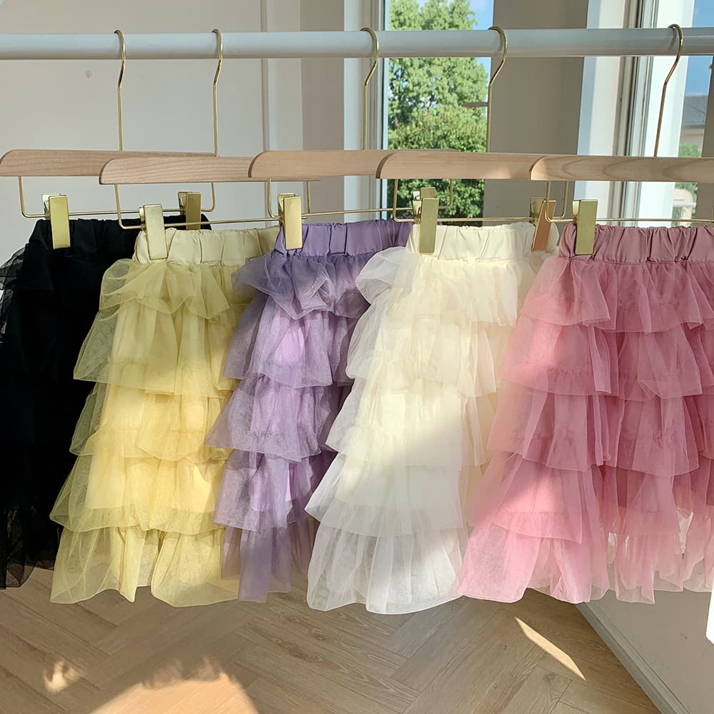 Childhood e-wardrobe girls' midi skirt, new spring style, Korean style, solid color, cake-style tulle skirt, fashionable midi length.