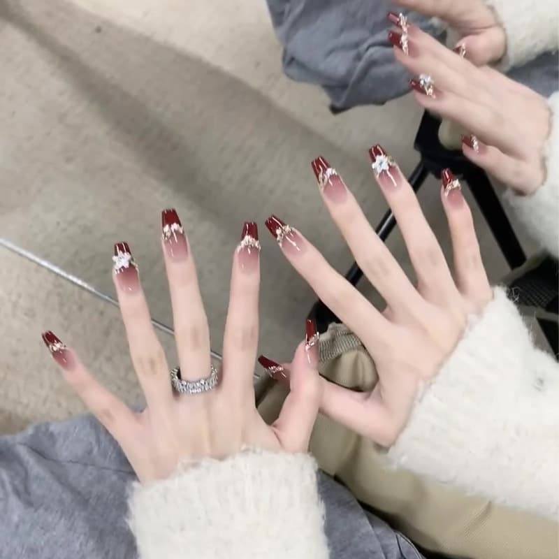 Burgundy French wearable manicure, high-end whitening manicure, wearable women's wearable manicure, fake nails wholesale
