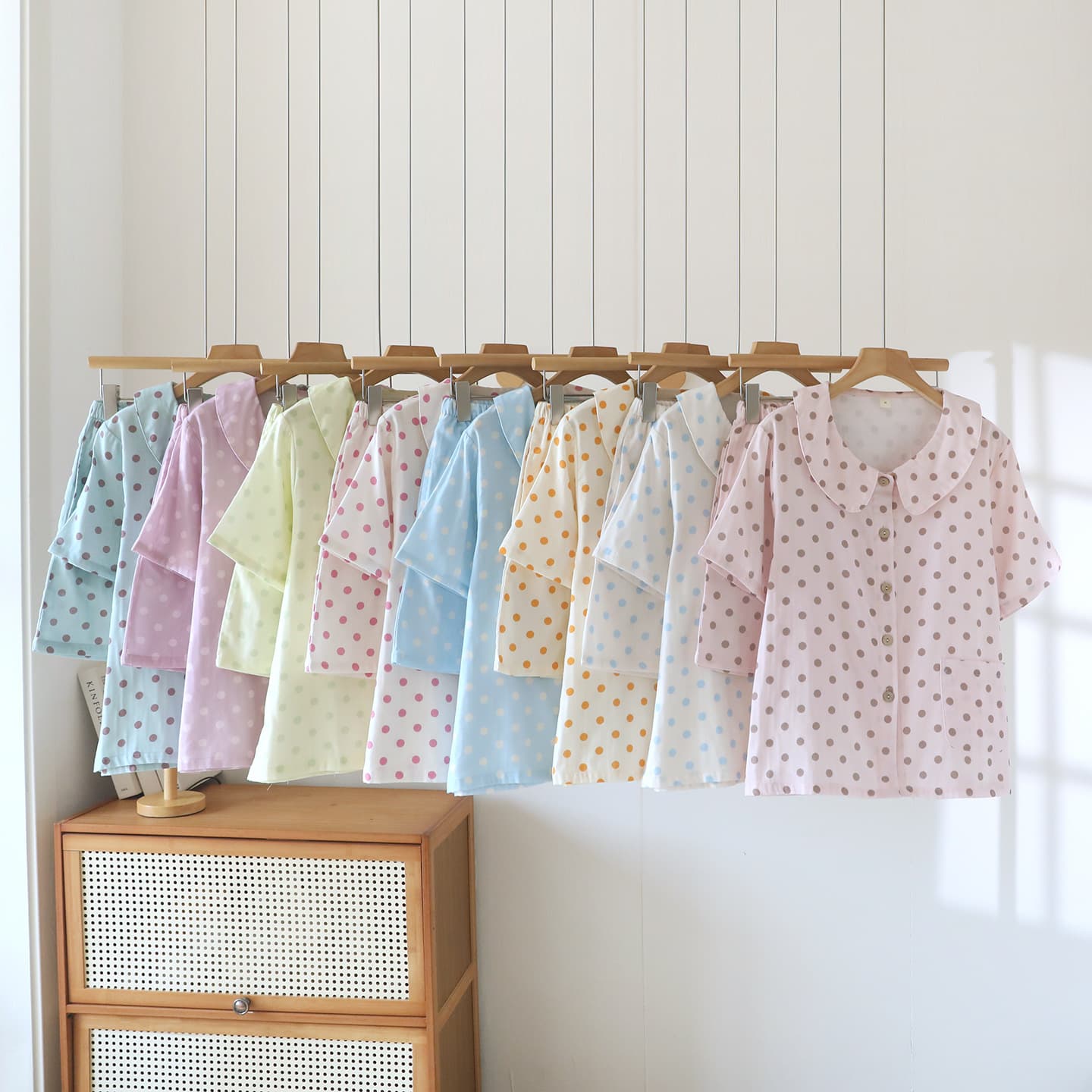 Double Layer Gauze Light Fresh Polka Dot Short Sleeve Long Pants Cardigan Sleepwear Women Pure Cotton Homewear Casual Plus Size Set Wear-Out