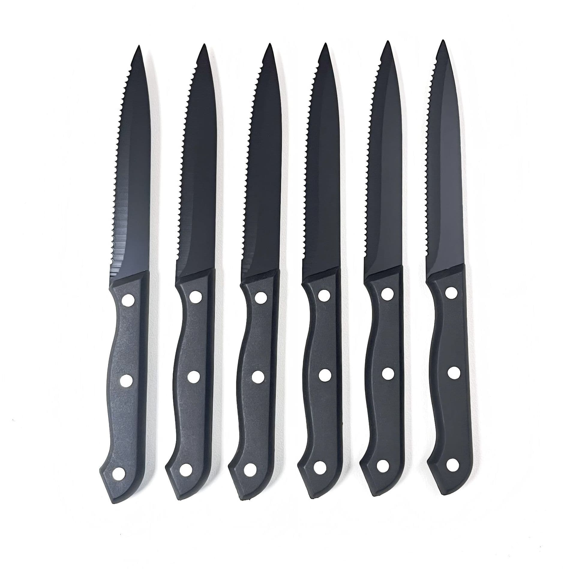 Factory stock, stainless steel 5-inch pointed tip steak knife, Western plastic handle serrated steak knife