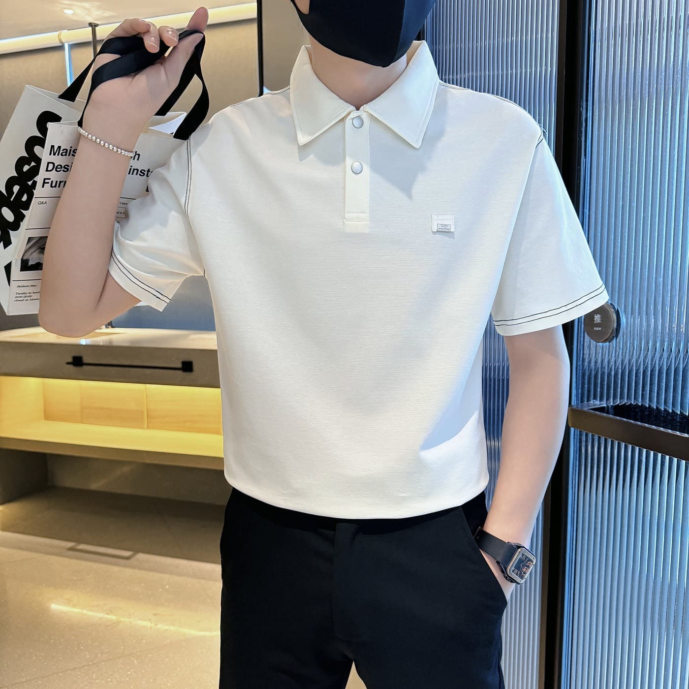 2026 summer short-sleeved T-shirt wide lapel high-end Polo shirt 8309-P58 apricot white black coffee color