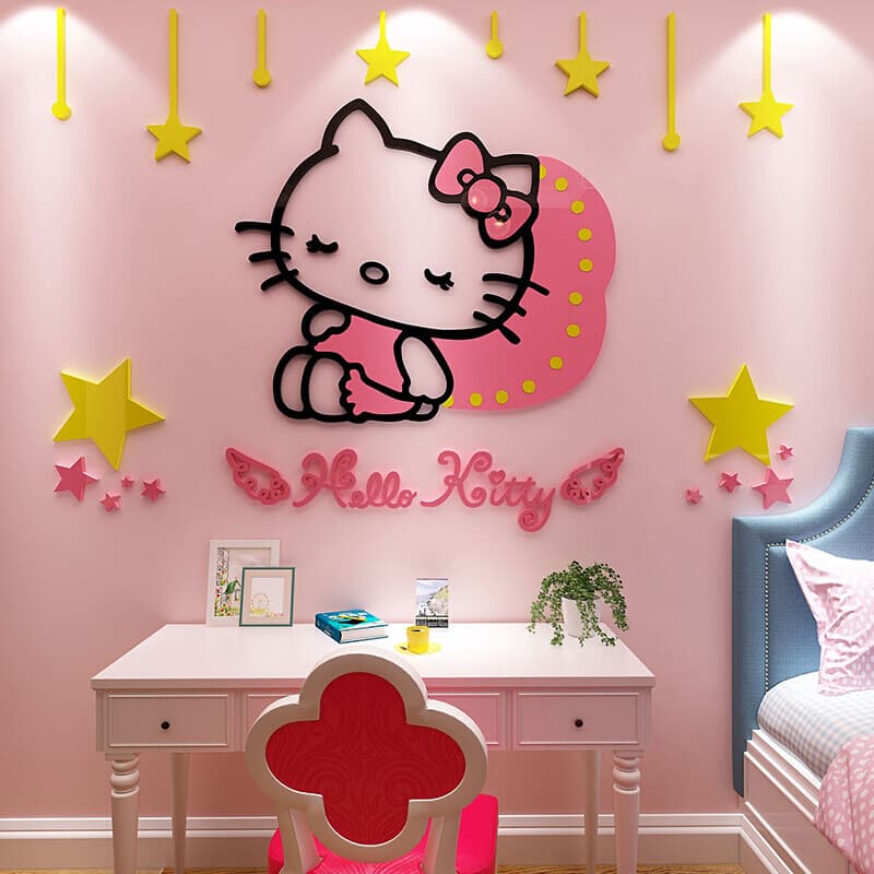 Hello Kitty Wall Sticker Cute Girl Princess Room Bedside Wall Sticker Self-Adhesive Kitty Cat 3D Acrylic